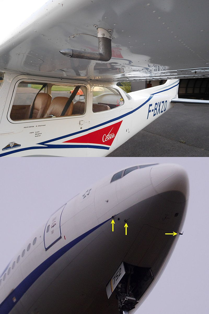 Tubo de Pitot em aviões: Cessna 172 Skyhawk II (acima) e Boeing 777-381 (abaixo) 